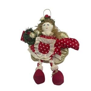 Vintage Christmas Handmade Plush Angel Girl Ornament Country Doll W Gold Wings